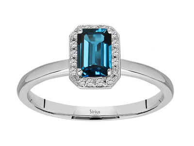 Weißgoldring mit 20 Diamanten und 1 Smaragd London Blue Topaz