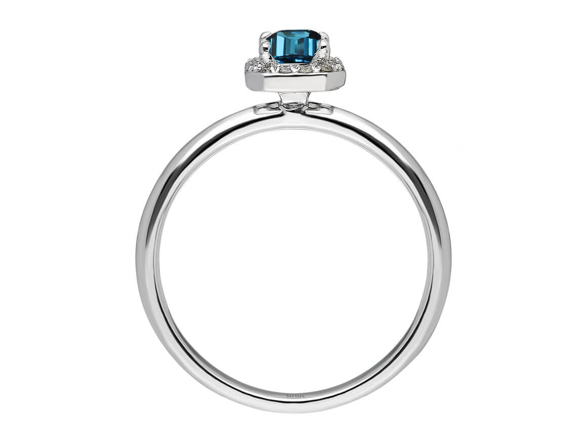 Weißgoldring mit 20 Diamanten und 1 Smaragd London Blue Topaz