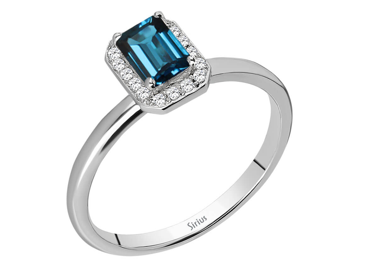 Bague en or blanc avec 20 diamants et 1 Émeraude, topaze bleu Londres – Bijoux haut de gamme de Rosy Lab Diamonds