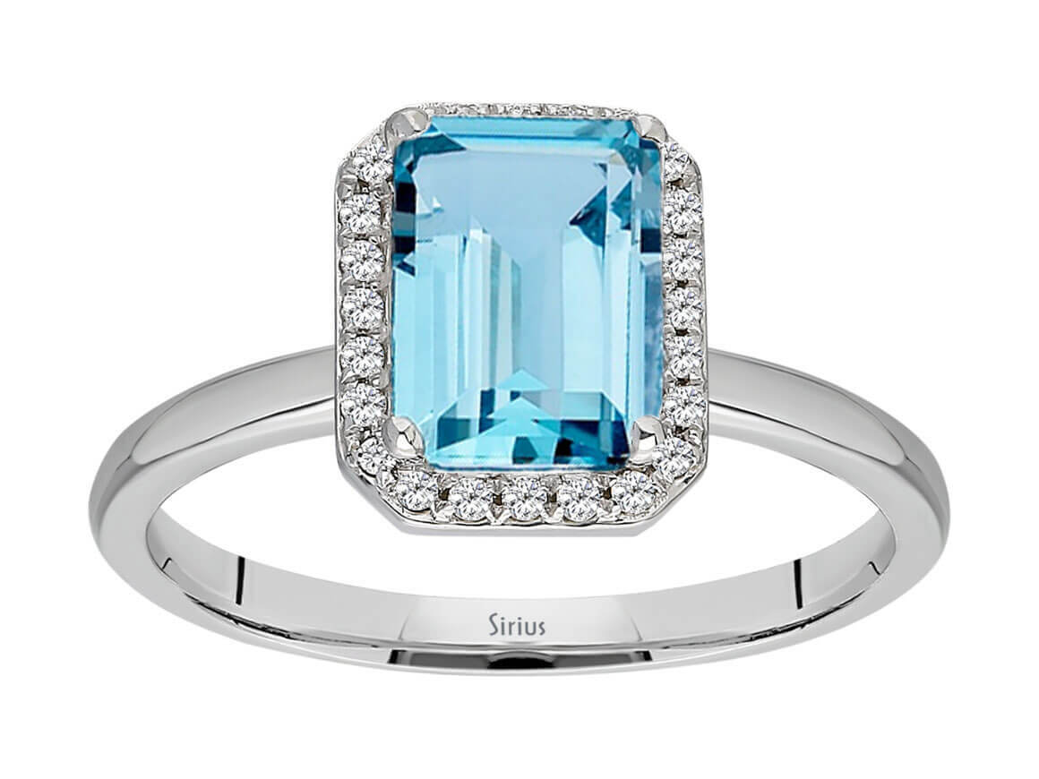 White gold ring with 24 diamonds and 1 emerald-cut blue Topaz – high-quality Jewelry from Rosy Lab Diamonds