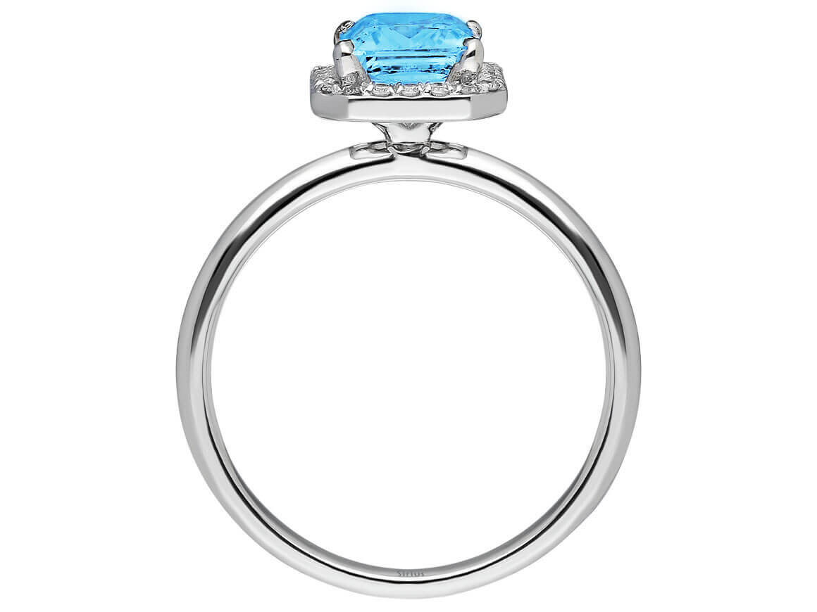 White gold ring with 24 diamonds and 1 emerald-cut blue Topaz – high-quality Jewelry from Rosy Lab Diamonds
