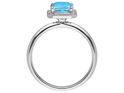 Weißgoldring mit 24 Diamanten und 1 Emerald geschliffenen blauen Topas