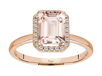 Rose gold ring with 28 diamonds and 1 morganite emerald