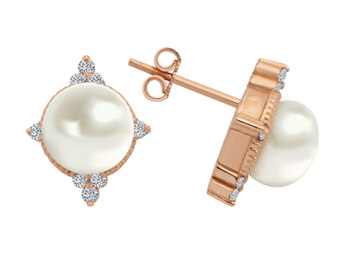 Moira ear studs with pearl & 16 round lab diamonds in 14K rose gold