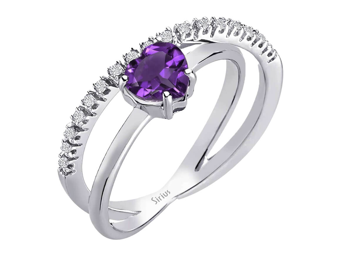 Stilvoller Weißgoldring mit laborgezüchteten runden Diamanten und herzförmigem Amethyst – 14K
