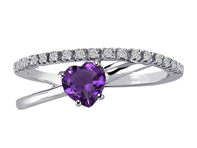 Stilvoller Weißgoldring mit laborgezüchteten runden Diamanten und herzförmigem Amethyst – 14K