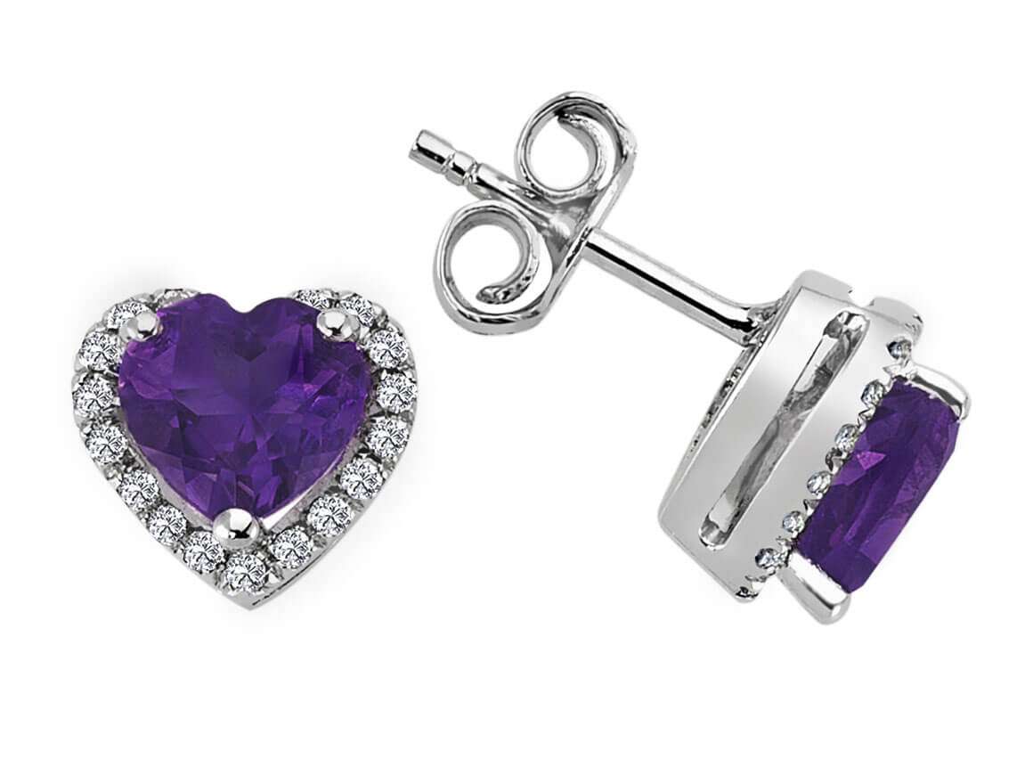 Heart-Shaped Amethyst Stud Earrings with Diamonds in 14K White Gold – High-Quality Jewelry by Rosy Lab Diamonds
