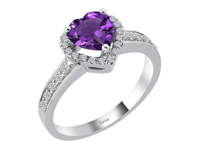 Weißgoldring mit 30 laborgezüchteten Diamanten und einem herzförmigen Amethyst