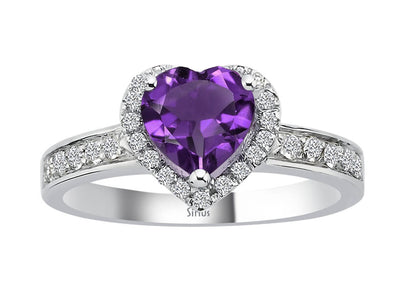 Weißgoldring mit 30 laborgezüchteten Diamanten und einem herzförmigen Amethyst
