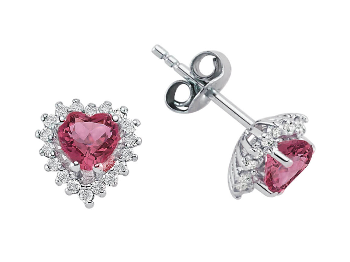 Boucles d'Oreilles Clous Anturage avec cœur en tourmaline et diamants en Or Blanc 585, Bijoux haut de gamme de Rosy Lab Diamonds