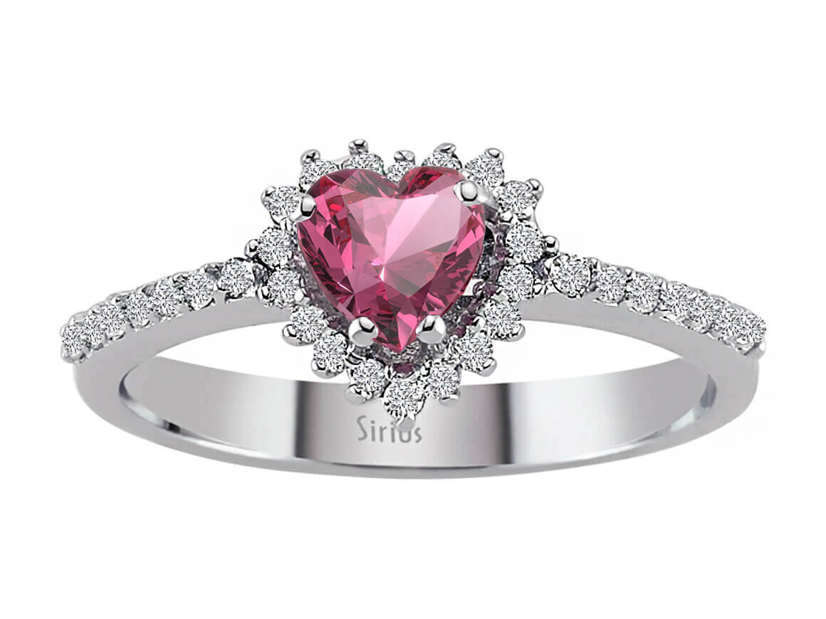 Heart-shaped pink tourmaline ring with lab-grown diamonds in white gold
