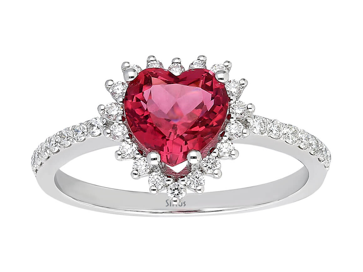 Heart-shaped tourmaline ring with diamonds in 14K white gold