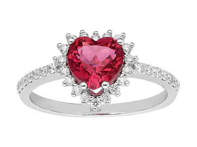 Heart-shaped tourmaline ring with diamonds in 14K white gold