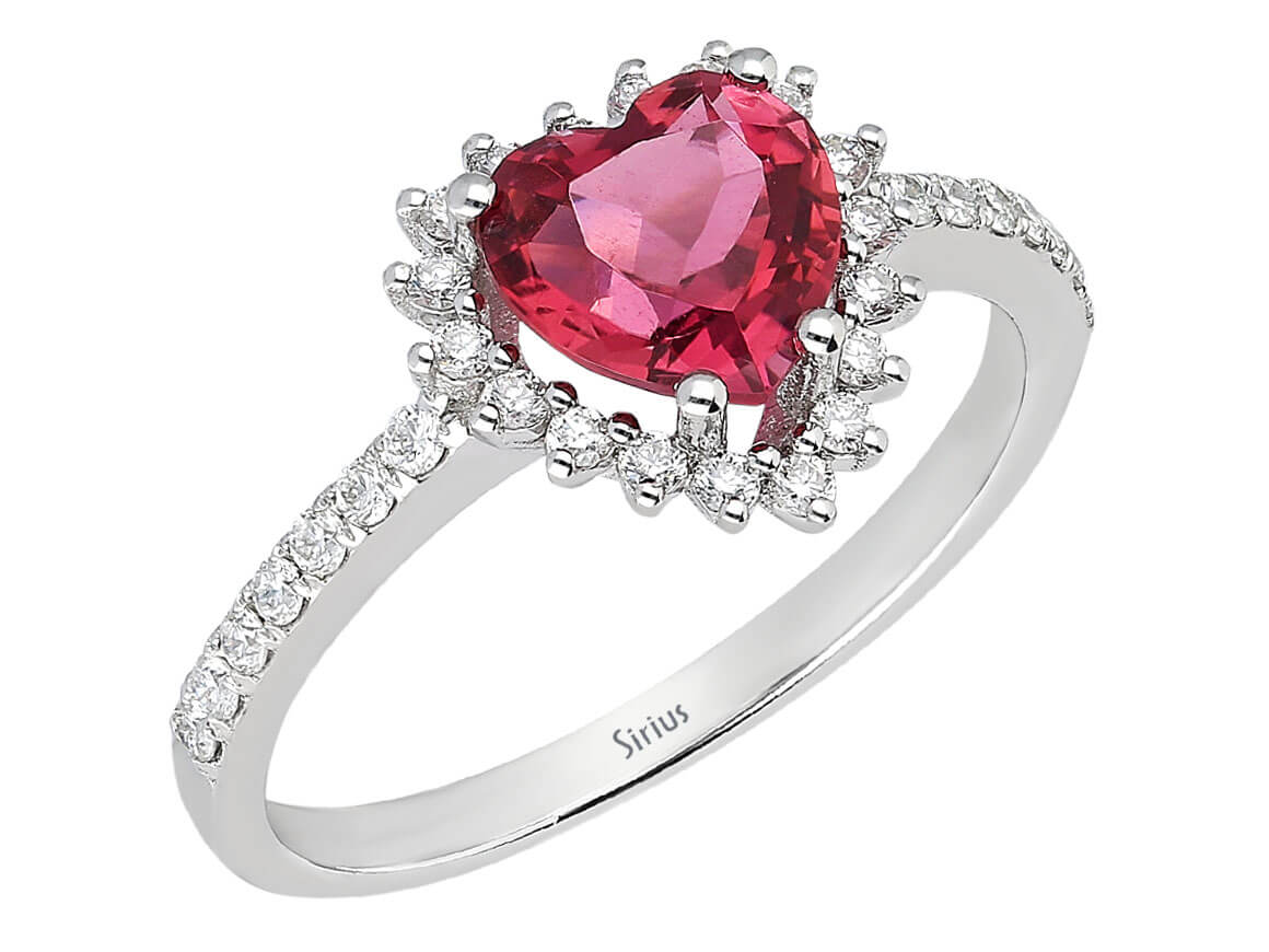 Heart-shaped tourmaline ring with diamonds in 14K white gold