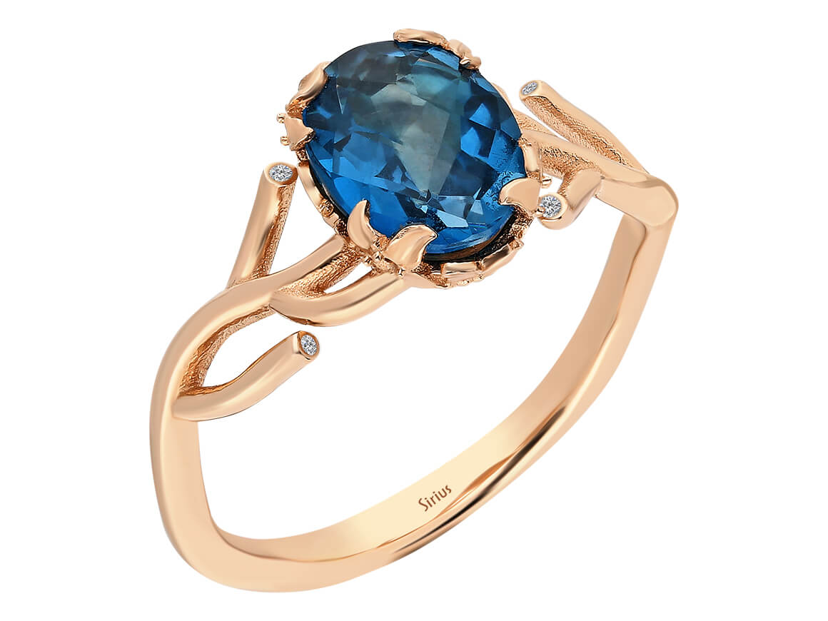 Tree of Life Ring with London Blue Topaz and Diamonds – 14K Rose Gold
