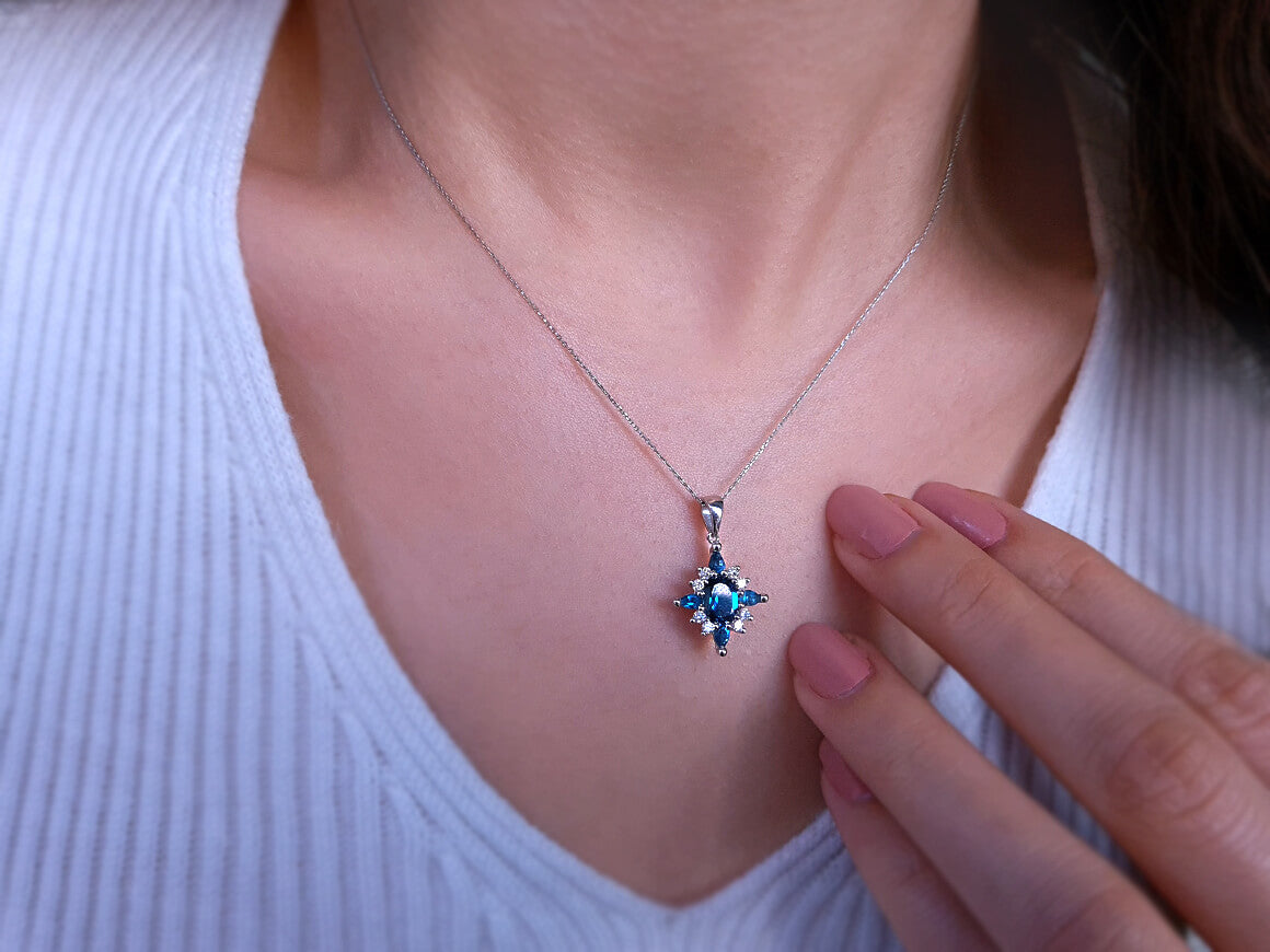 Necklace with London Blue Topazes & Diamonds in 8K White Gold - 04P0169 - high-quality Jewelry by Rosy Lab Diamonds