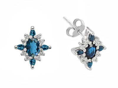 Boucles d'oreilles élégantes avec diamants de laboratoire et topazes London Blue en or blanc 333