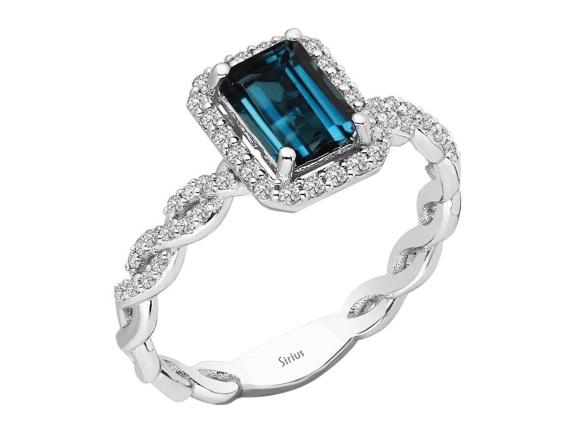 Weißgoldring mit Oktagon-London Blue Topas und laborgezüchteten Diamanten – Samsara