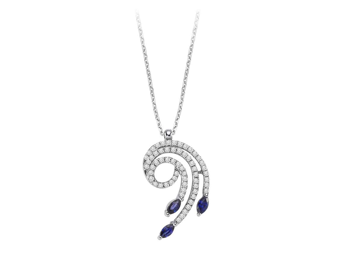 Spiral pendant with 3 sapphires & 60 lab diamonds – 8K white gold