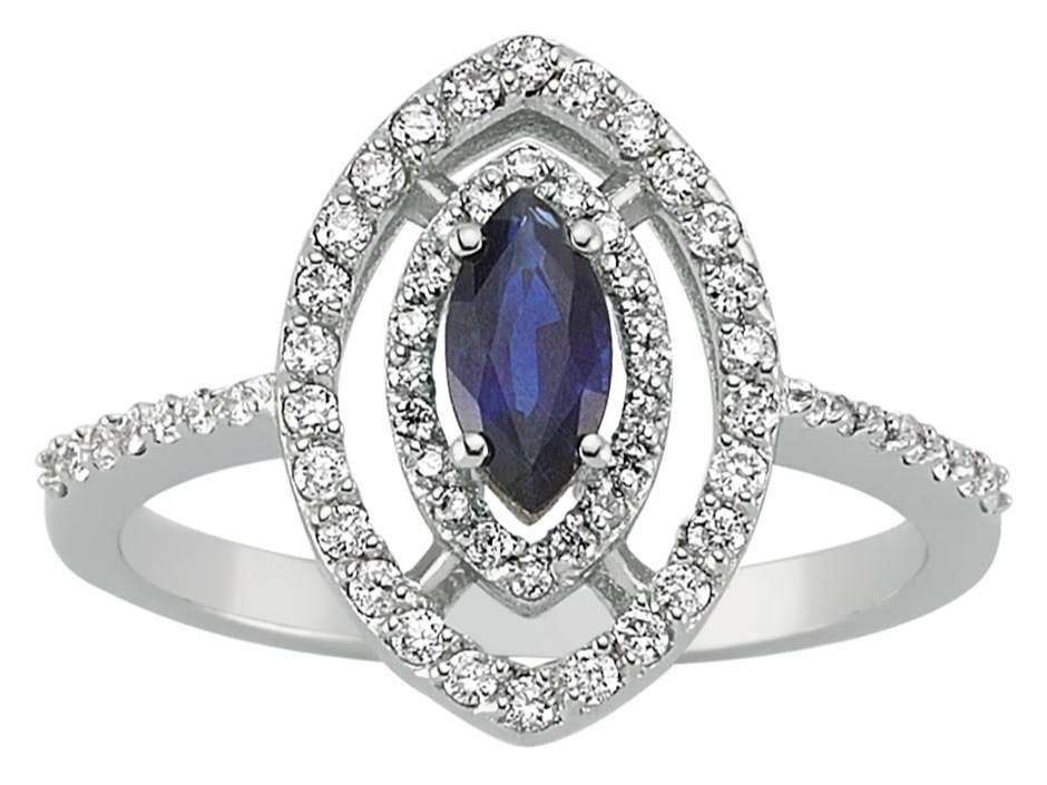 Weißgoldring mit Markisförmigem Saphir und Doppeltem Halo aus Labordiamanten