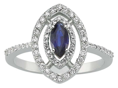Weißgoldring mit Markisförmigem Saphir und Doppeltem Halo aus Labordiamanten