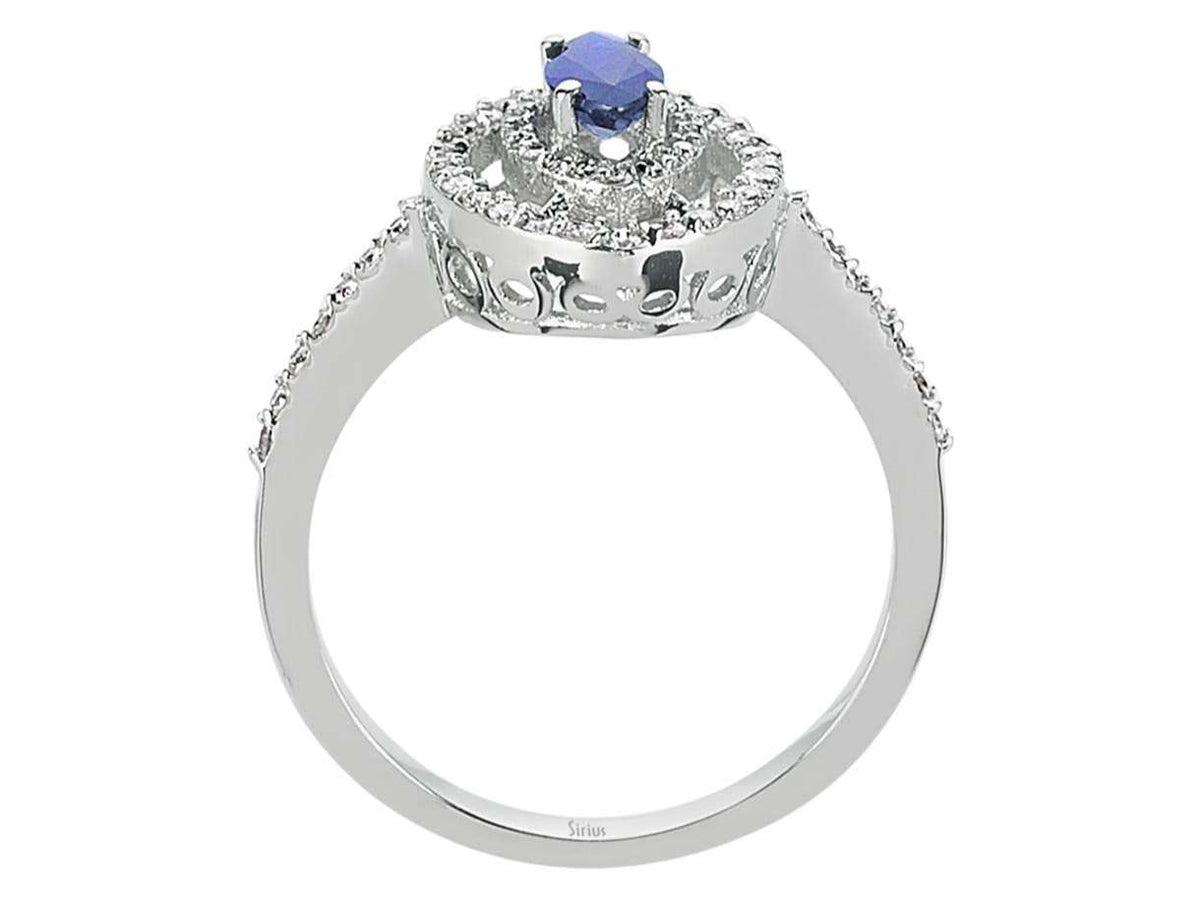 Weißgoldring mit Markis-Saphir & Doppel-Halo Labor Diamanten | 14K - hochwertiger Schmuck von Rosy Lab Diamonds