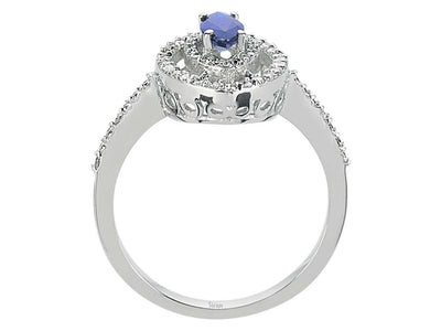 Weißgoldring mit Markisförmigem Saphir und Doppeltem Halo aus Labordiamanten
