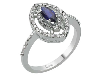 Weißgoldring mit Markisförmigem Saphir und Doppeltem Halo aus Labordiamanten