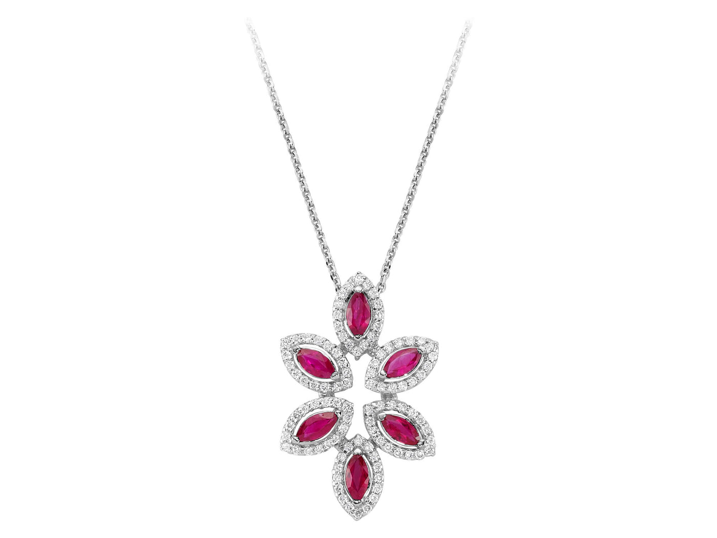 Elegant flower necklace with marquise-cut rubies and diamonds in 14K white gold