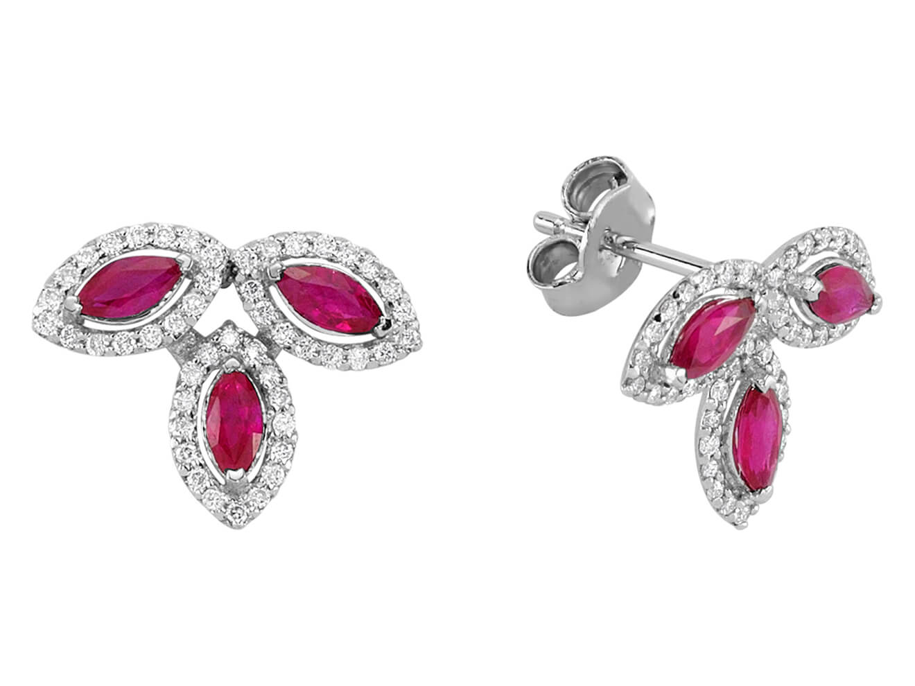Elegant stud earrings with marquise-cut rubies & lab diamonds in 585 white gold