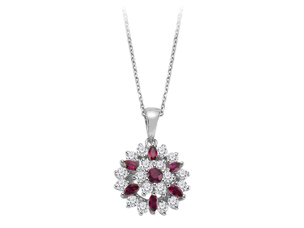 Floraler Anhänger mit Rubin & 18 Labor-Diamanten | 14K Weißgold - hochwertiger Schmuck von Rosy Lab Diamonds