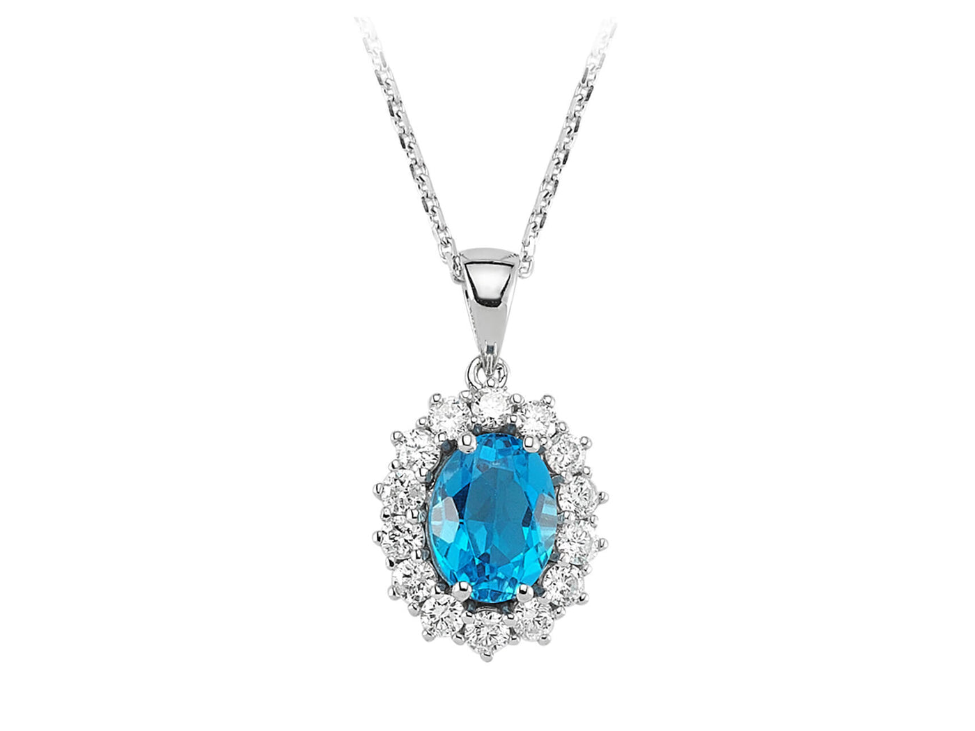 Pendentif en topaze bleue & Diamant – entourage ovale en Or Blanc 14 K – Bijoux haut de gamme de Rosy Lab Diamonds