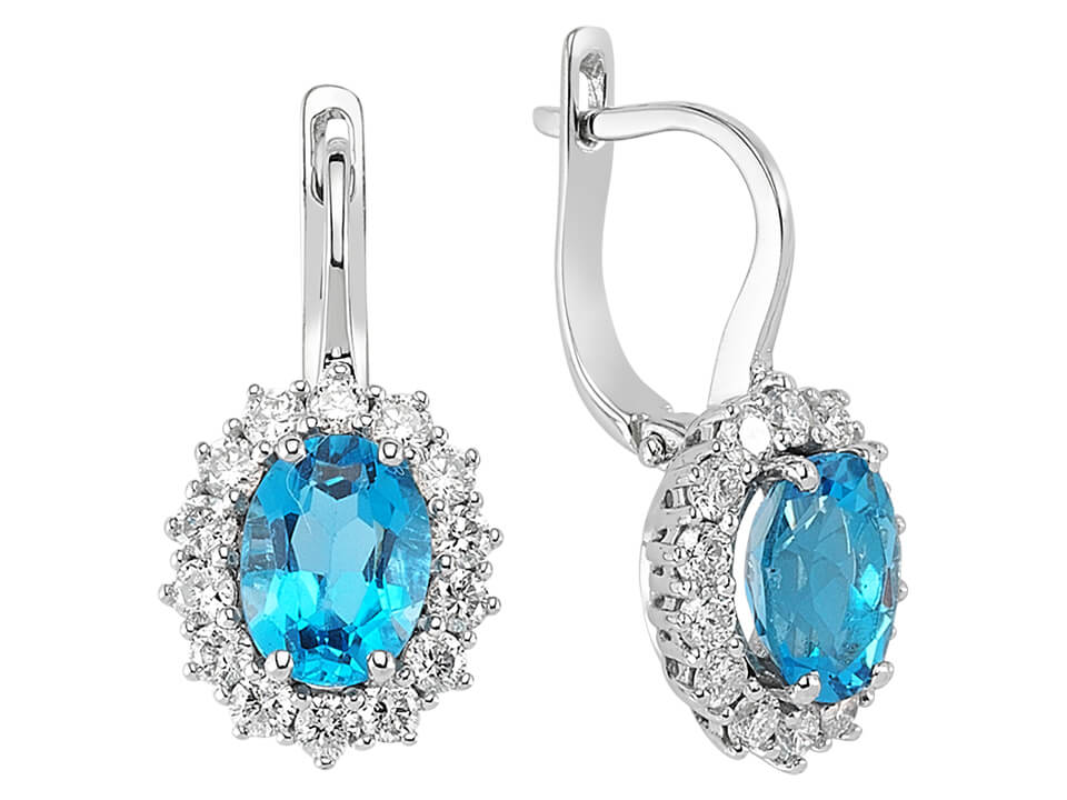 Boucles d’oreilles pendantes Anturaj avec topazes bleues et diamants – Or Blanc 14 K | Élégance colorée – Bijoux haut de gamme de Rosy Lab Diamonds