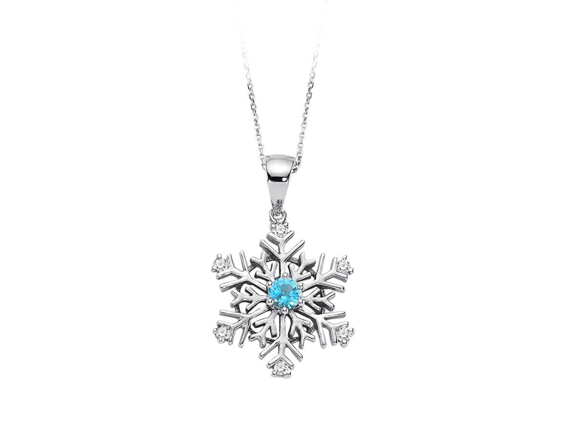 Pendentif flocon de neige avec Topaze bleue et diamants de laboratoire – Or Blanc 8 carats – Bijoux haut de gamme de Rosy Lab Diamonds