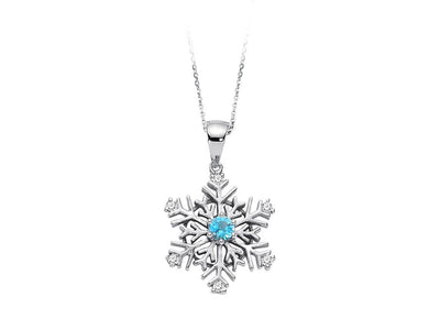 Snowflake Pendant with Blue Topaz & 6 Lab Diamonds – 8K White Gold