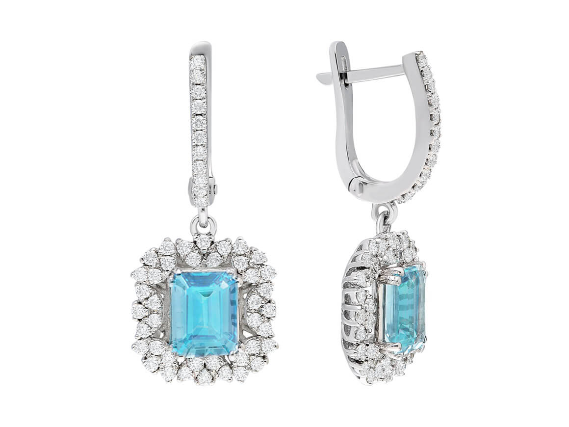 أقراط أكوامارين متدلية مع 102 ماسة من ذهب أبيض عيار 585 - مجوهرات فاخرة من Rosy Lab Diamonds