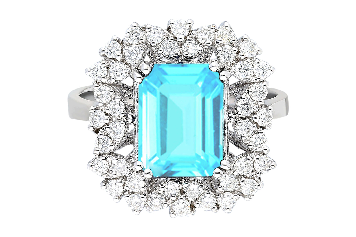 Eleganter 14K Weißgold Ring mit 40 Runddiamanten und 1 Oktagon-Aquamarin – 3,43 Karat