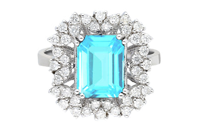 Eleganter 14K Weißgold Ring mit 40 Runddiamanten und 1 Oktagon-Aquamarin – 3,43 Karat