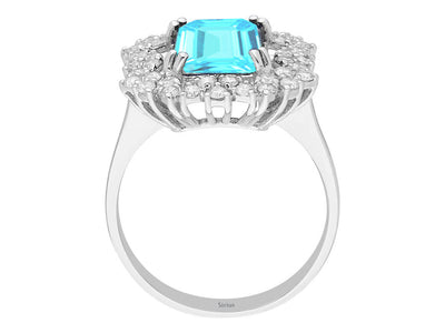 Eleganter 14K Weißgold Ring mit 40 Runddiamanten und 1 Oktagon-Aquamarin – 3,43 Karat