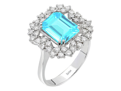 Eleganter 14K Weißgold Ring mit 40 Runddiamanten und 1 Oktagon-Aquamarin – 3,43 Karat