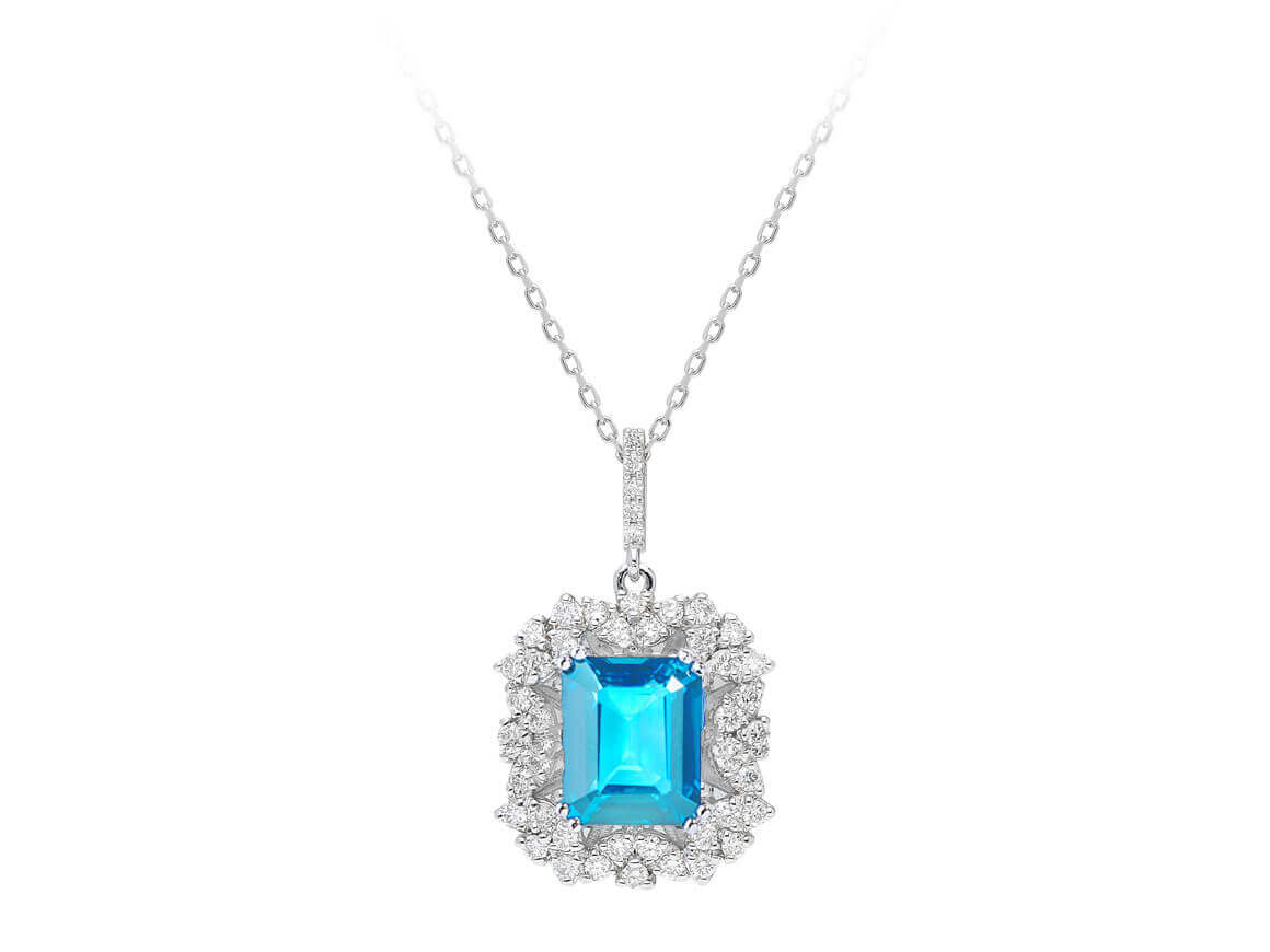 Anhänger mit Blautopas & 45 Diamanten - 14K Weißgold - hochwertiger Schmuck von Rosy Lab Diamonds