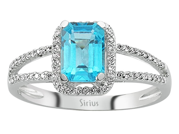 Bague en topaze bleue octogonale et 66 diamants - Or Blanc 14 carats - 04R0238 - Bijoux haut de gamme de Rosy Lab Diamonds