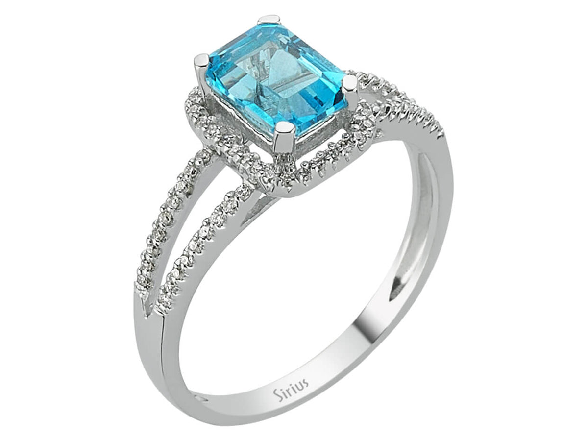 Bague en topaze bleue octogonale et 66 diamants - Or Blanc 14 carats - 04R0238 - Bijoux haut de gamme de Rosy Lab Diamonds