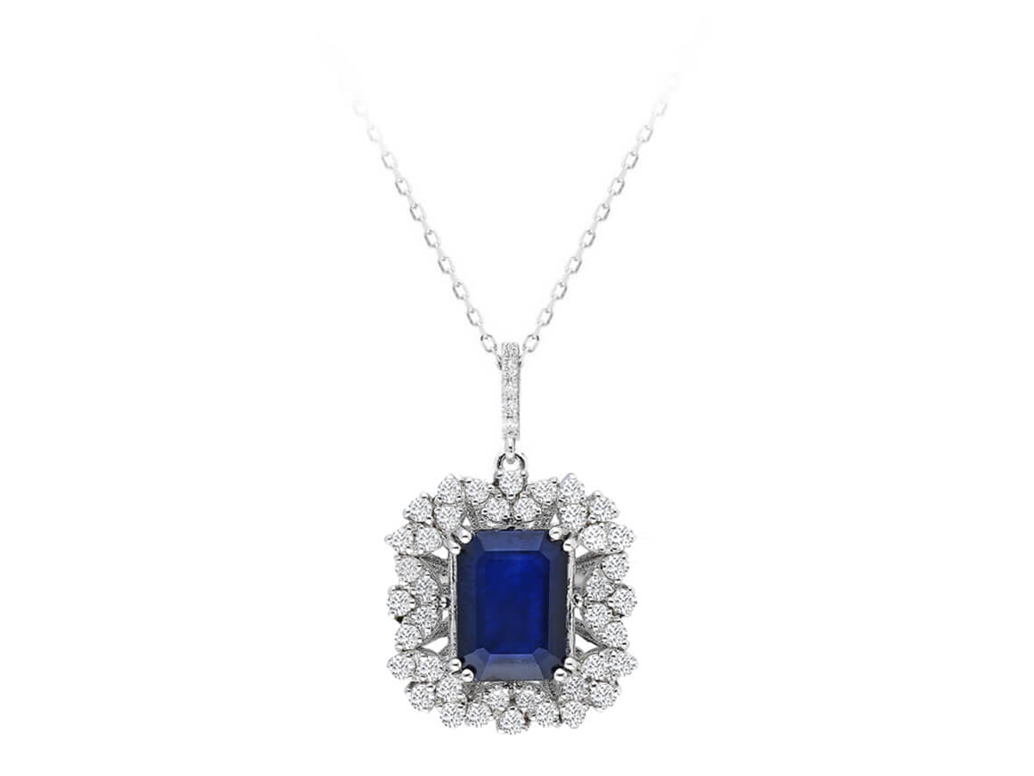 Necklace with Octagon Sapphire & Lab-Grown Diamonds in 14K White Gold | 23P0057 - high-quality Jewelry by Rosy Lab Diamonds
