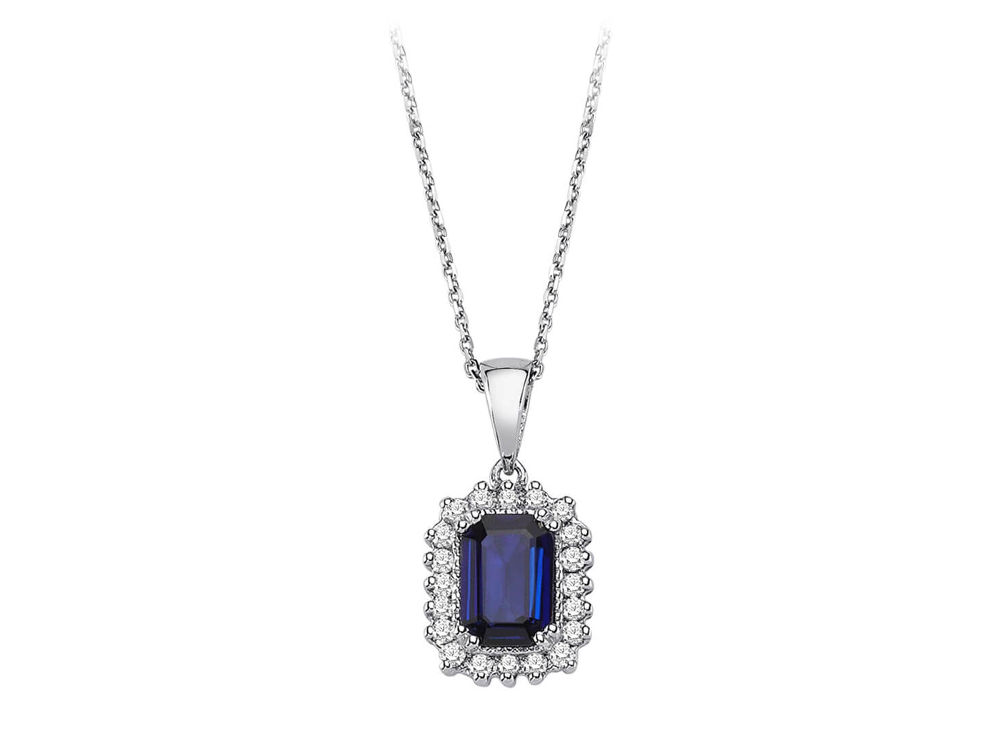 Anturaj-Anhänger mit Oktagon-Saphir & 20 Labordiamanten - 14K Weißgold - hochwertiger Schmuck von Rosy Lab Diamonds