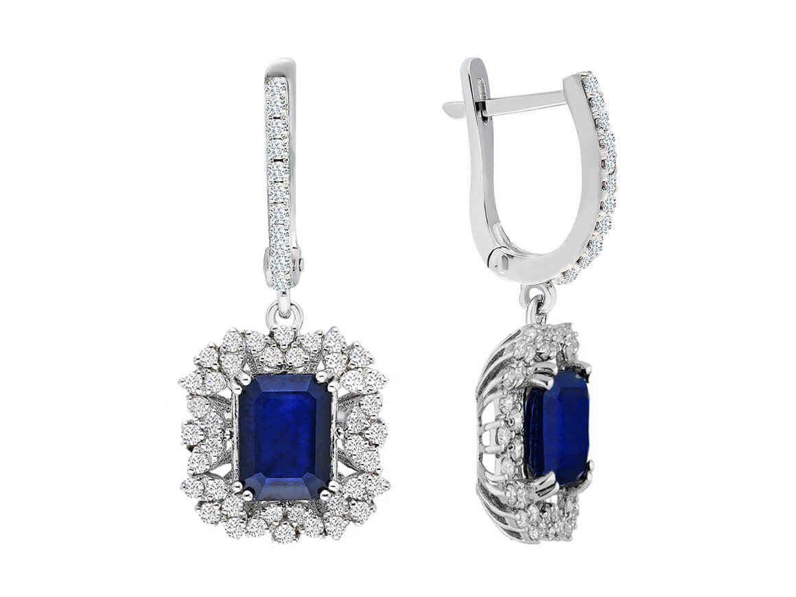Boucles Pendantes avec saphirs octogonaux et diamants de laboratoire en Or Blanc 585 - Bijoux haut de gamme de Rosy Lab Diamonds