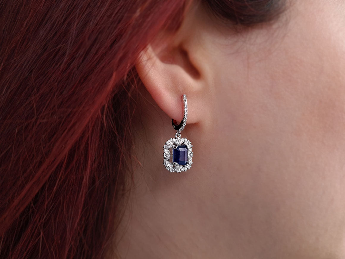 Boucles Pendantes avec saphirs octogonaux et diamants de laboratoire en Or Blanc 585 - Bijoux haut de gamme de Rosy Lab Diamonds