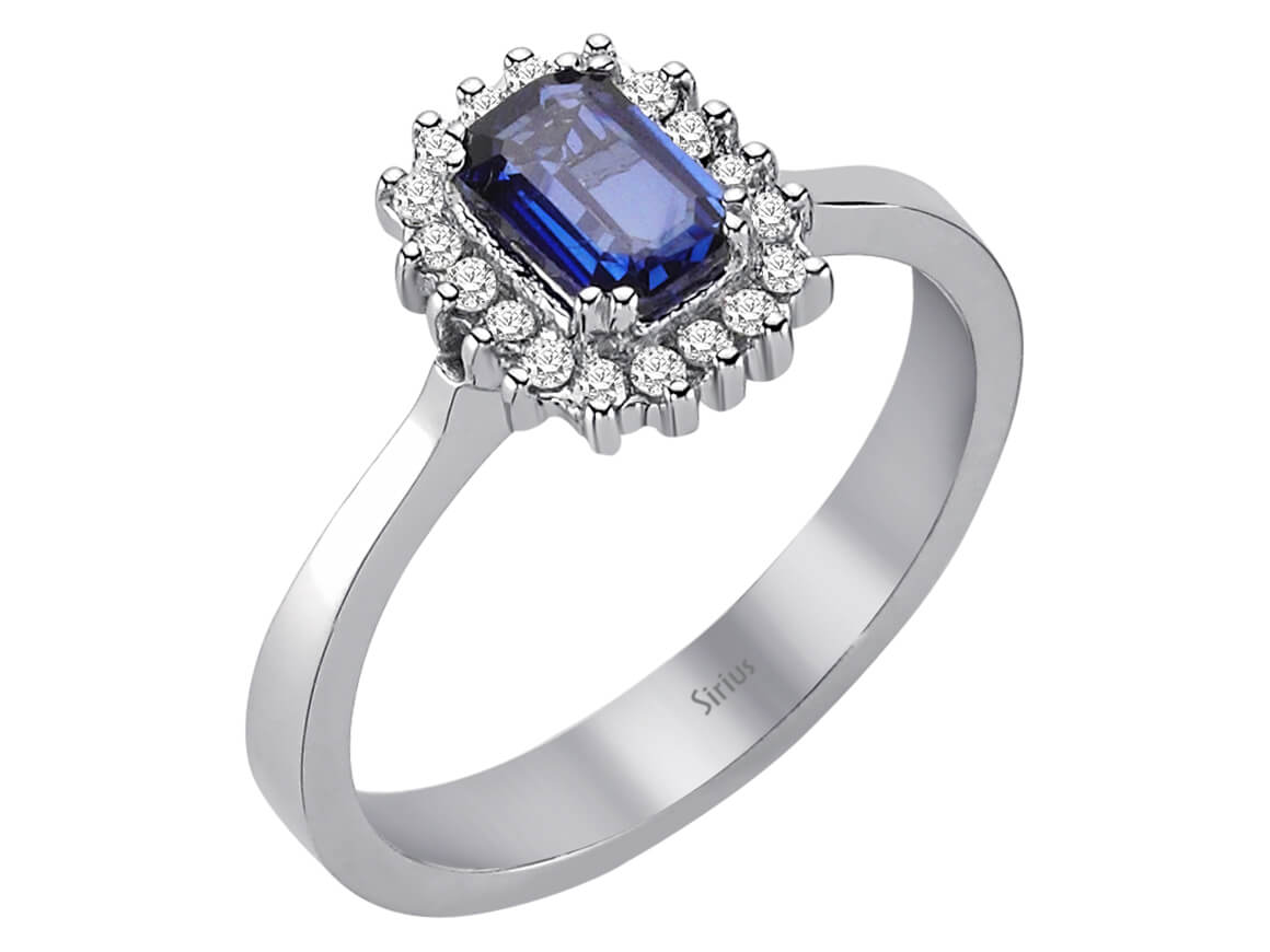 Klassischer Ring mit Oktagon-Saphir und Diamanten aus 14K Weißgold (0,66 ct Safir)
