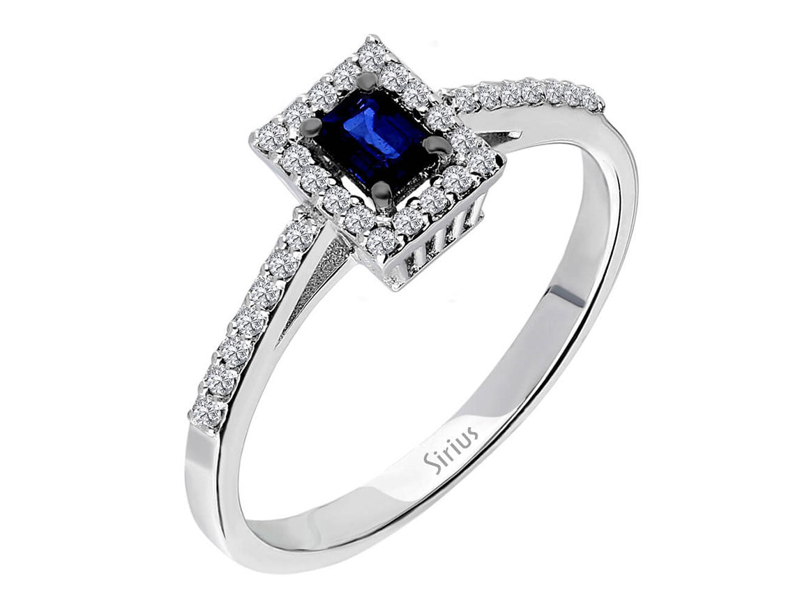 Ring mit 1 Oktagon-Saphir (0,25 Karat) und 32 Runddiamanten (0,18 Karat) – 14K Weißgold