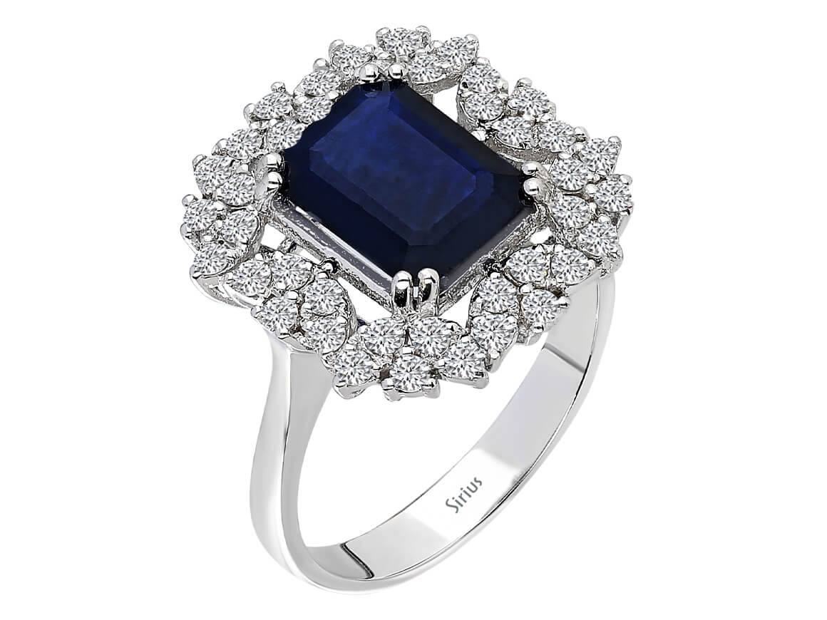 Eleganter Ring mit Oktagon-Schliff Saphir und Diamanten – 14K Weißgold